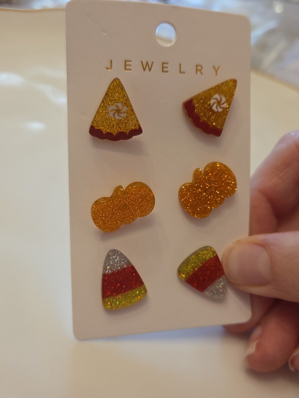Set Of Sparkly Candy Corn, Pumpkin & Pie Earrings - Orange/Gold